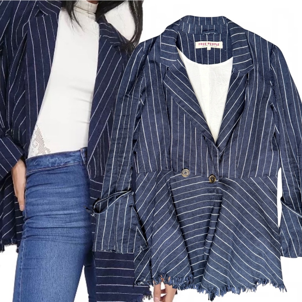 Free People Stella Striped Frayed-Hem Blazer Navy Blue Medium